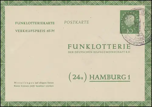 Funklotterie-Postkarte FP 7a Heuss mit SSt WARSTEIN Warsteiner Pilsner 16.4.61