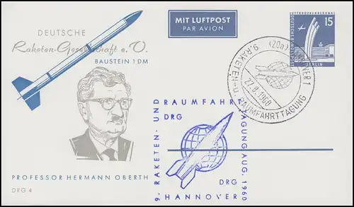 Privatpostkarte PP 19/12 DRG H. Oberth SSt HANNOVER Raketentagung 27.8.60