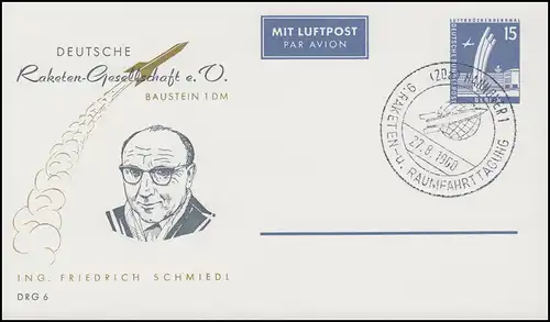 Privatpostkarte PP 19/14 DRG F. Schmiedl SSt HANNOVER Raketentagung 27.8.60