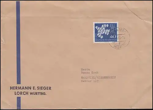 368x Europa / CEPT 40 Pf. EF auf Brief LORCH 13.3.62 nach Waldniel/Niederrhein 
