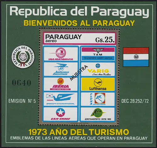 Paraguay Tourisik-Block Fluggesellschaften 1974 mit Aufdruck MUESTRA / MUSTER