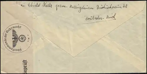Post de censure 522X Hindenburg 25 Pf EF sur lettre ESSEN-RELLINGHAUSEN 27.11.39