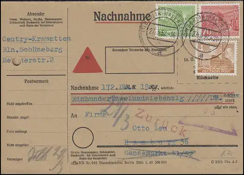43+47+49 Bâtiments berlinois 4+10+20 Pf MiF Carte de rachat BERLIN-HALENSEE 27.3.52