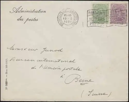 116II+119I Roi Albert 5+20 C MiF Lettre Ministère des Postes BRUXELLES 10.1.21 n. Bern