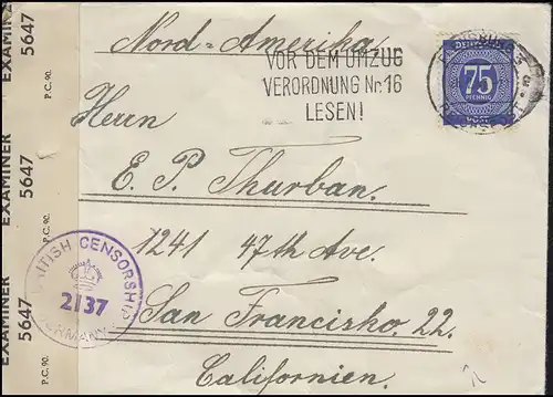 Zensurpost 934 Ziffer 75 Pf. EF auf Brief FLENSBURG 26.2.47 in die USA