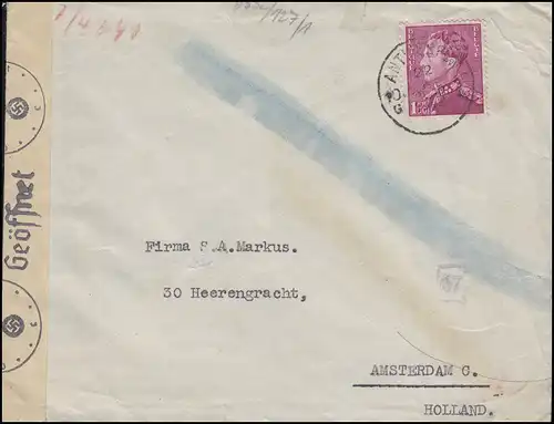 Poste de censure Belgique 425 Roi Léopold 1,50 Fr. en tant qu'EF sur lettre ANTWERPEN 1942