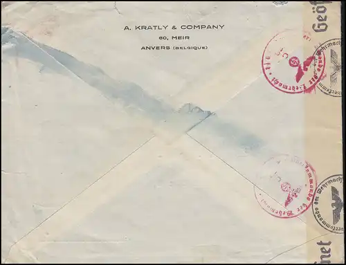 Poste de censure Belgique 425 Roi Léopold 1,50 Fr. en tant qu'EF sur lettre ANTWERPEN 1942