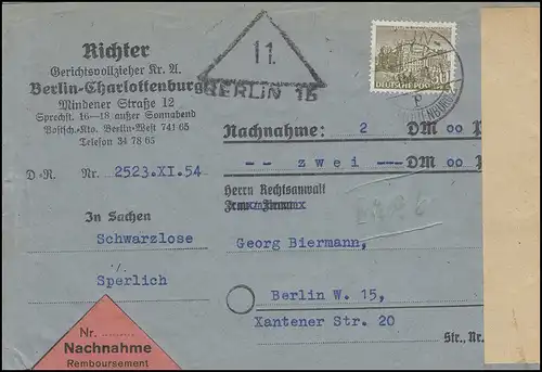 53 Berliner Bauten 50 Pf. EF Orts-Nachnahme-Bf Gerichtsvollzieher BERLIN 11/54