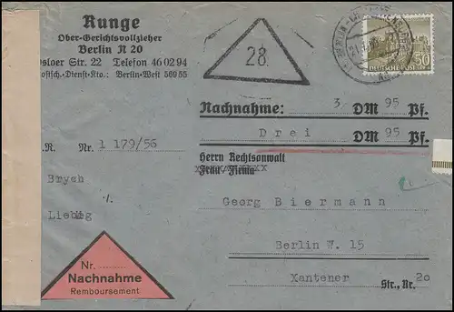 53 Berliner Bauten 50 Pf. EF Orts-Nachnahme-Bf Gerichtsvollzieher BERLIN 21.7.56