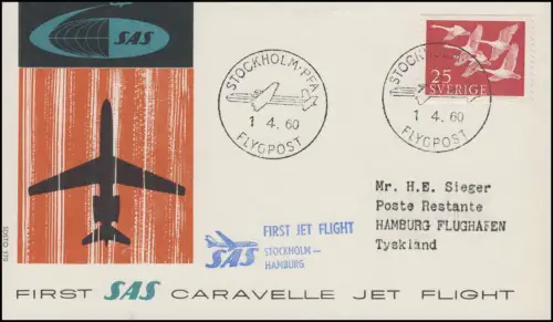 Vol initial SAS Caravelle Jet Flight Stockholm - Hambourg STOCKHOLM FLYGPOST 1.4.60