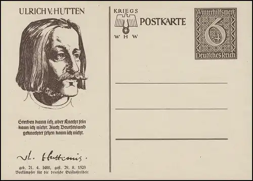 Carte postale spéciale P 285 WHW 1939 - Ulrich von Hutten, inutilisé