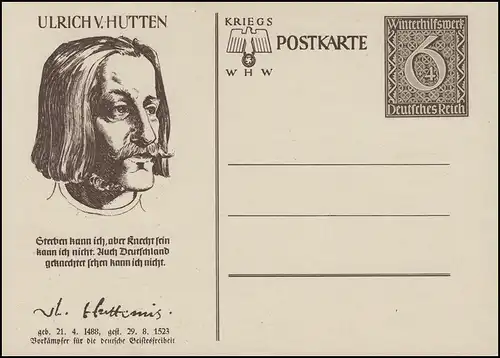 Sonderpostkarte P 285 WHW 1939 - Ulrich von Hutten, ungebraucht