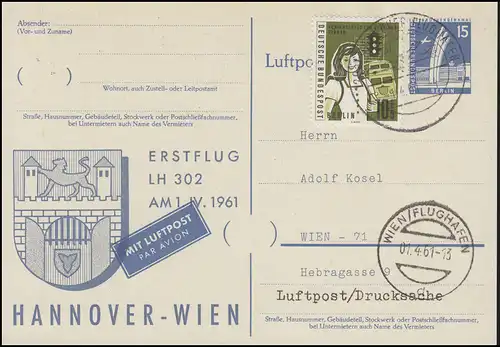 Carte postale privée Berlin PP 19 Premier vol LH 302 Hanovre - Vienne, HANNOVER 1.4.61