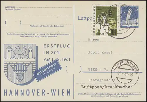 Privatpostkarte Berlin PP 19 Erstflug LH 302 Hannover - Wien, HANNOVER 1.4.61