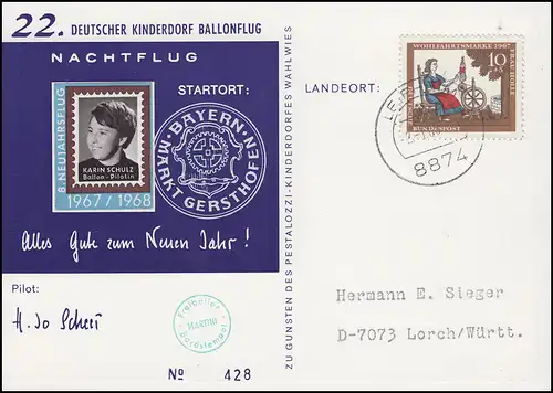 22. Deutscher Kinderdorf Ballonflug Nachtflug MARTINI, LEIPHEIM 2.1.68 