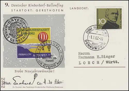 9. Deutscher Kinderdorf Sonderballonflug 2. Neujahrsfahrt ERGEE, HARBURG 1.1.62