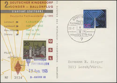 2. Deutscher Kinderdorf Ballonvol D-Ergee, SSt STUTTGART Radioexposition 1965