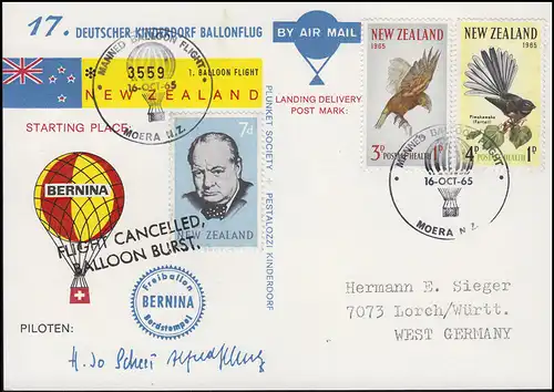 17. Deutscher Kinderdorf Ballonflug BERNINA Neuseeland - Deutschland 16.10.1965