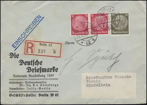 Hindenburg-MiF 2x12 + 30 Pf, R-Brief Briefmarkenausstellung BERLIN 28.5.37