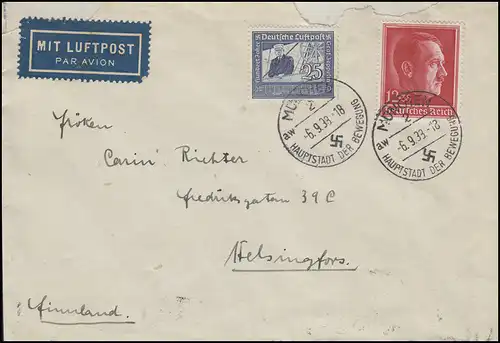 669 Zeppelin 25 Pf + 664 Hitler auf Luftpost-Brief MÜNCHEN 6.9.38 nach Finnland