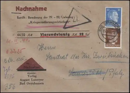 Hitler-MiF 20+3 Pf Lettre d'accompagnement Lutzeyer BAD OEYNHAUSEN 15.3.44