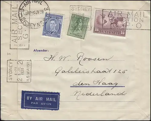Premier vol Amsterdam - Batavia - Sydney 28.6.1938 Lettre MiF s'GRAVENHAGE 23.6.38