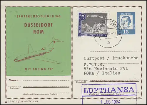 Premier vol Lufthansa LH 340 Düsseldorf-Rome BOEING 727, carte postale DUSSELDORF 1.7.64