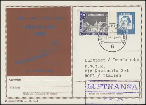 Premier vol Lufthansa LH 330 Francfort-Rome BOEING 727, carte postale FRANKFURT 1.7.64