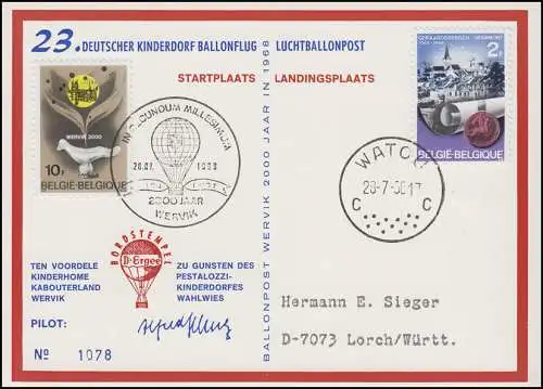 23. Deutscher Kinderdorf Ballonflug Borstempel D-ERGEE, Belgien WATOU 28.7.68