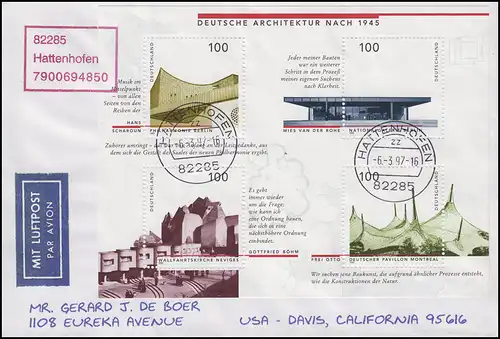 Bloc 37 Architecture: FDC timbre de poste de campagne 82285 Hattenhofen 6.3.97 aux États-Unis