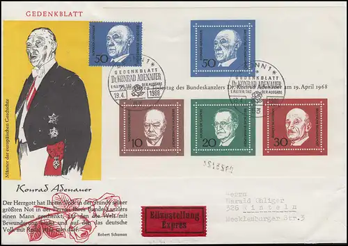 Block 4 Adenauer 1968 + 50 PF Adenauer Express-FDC ESSt BONN 19.4.68