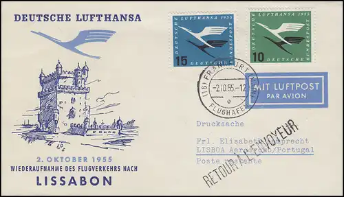 Premier vol Lufthansa Francfort - Lisbonne MiF 206+207 Lp.-Lettre FRANKFURT 2.10.55