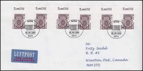 2210 SWK 6x 50 Pf / 26 C: 6 coins en haut à droite MeF sur Lp-FDC ESSt BONN 5.9.2001