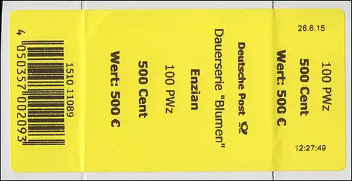 2877 Enzian 500 Banderole / Aufkleber, 1510 11089, mit Datum und Uhrzeit