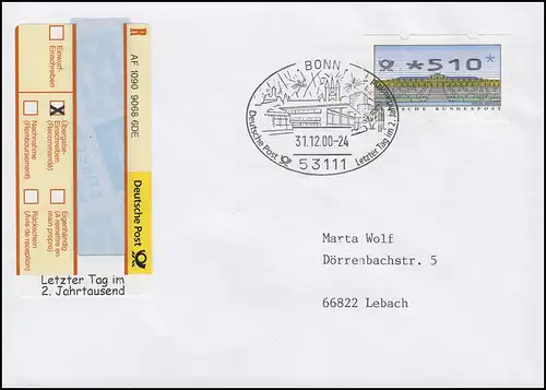 Sonder-R-Zettel Letzter Tag im 2. Jahrtausend R-Bf ATM 510 EF SSt BONN 31.12.00