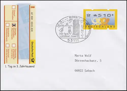 Sonder-R-Zettel 1. Tag im 3. Jahrtausend R-Bf ATM 510 EF SSt BONN 1.1.01