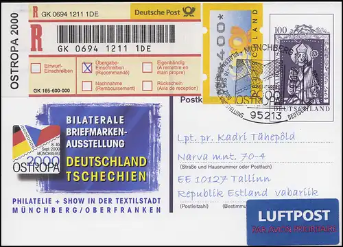 PSo 70 OSTROPA mit Sonder-R-Zettel OSTROPA 2000, SSt MÜNCHBERG OSTROPA 8.9.2000