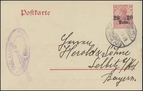 Postkarte P 14 20 Para auf 10 Pf, Constantinopel Deutsche Post 31.1.11