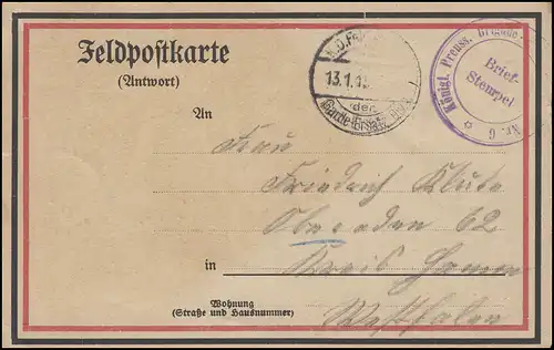 Poste de terrain Königl. Preuss. Brigade de remplacement... Division de substitution FELDPOST Garde 13.1.15