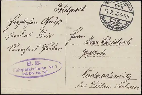 Poste de terrain Feldpost Fahrtparkkolonne Nr. 1 Inf.-Div. Nr 123, AK Swenzian FELDPOST 13.9.16