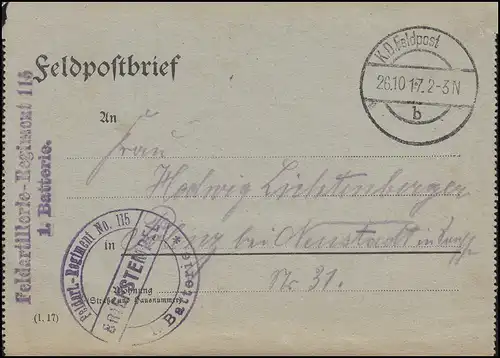 Feldpost-Kartenbrief Feldart.-Regiment 115 / 1. Batterie, K.D. FELDPOST 26.10.17