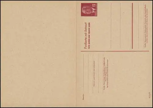 P 65aII Wilhelm Pieck 15/15 Pf Doppelkarte DV III/18/97 hellsämisch, ungebraucht