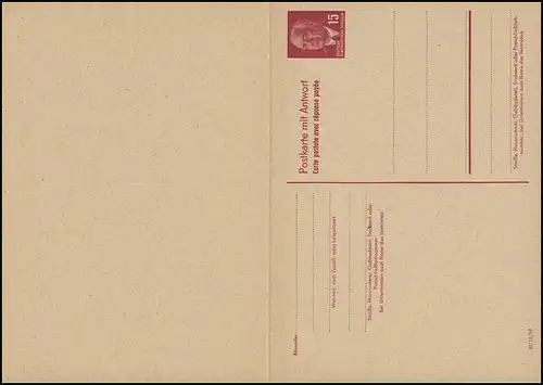 P 65aII Wilhelm Pieck 15/15 Pf Double carte DV III/18/97 semi-sacrée, non utilisée