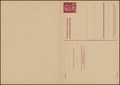 P 65aII Wilhelm Pieck 15/15 Pf Double carte DV III/18/97 semi-sacrée, non utilisée