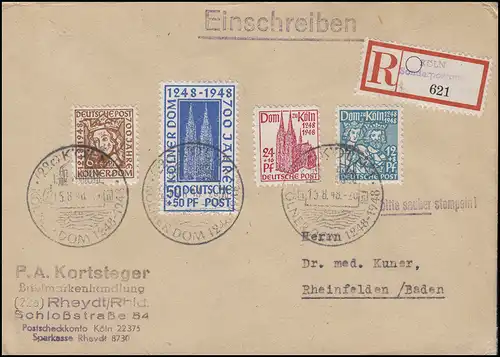 69-72 Kölner Dom 1948 als Satz auf R-FDC mit Sonder-R-Zettel SSt KÖLN 15.8.48