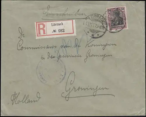 Zensurpost 91Germania 50 Pf. als EF R-Brief LÖRRACH 13.11.17 nach Groningen