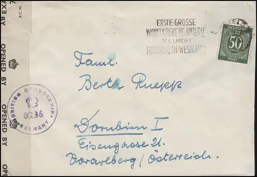 Poste de censure 932 chiffre 50 pf. EF lettre KREFELD loterie 6.12.47 n. Autriche