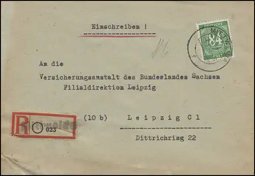 Gemeinschaft 936 Ziffer 84 Pf. EF Not-R-Zettel R-Brief MITTWEIDA 4.3.47