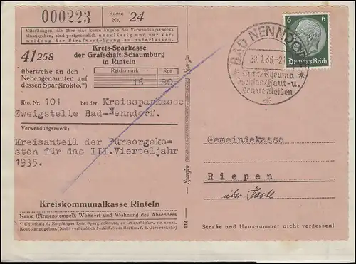 Ordre de virement Kreis-Sparkasse Schaumburg EF 6 Pf. SSt BAD NENNDORF 23.1.36