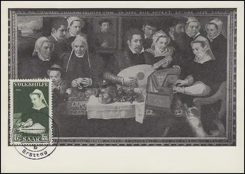 378 Volkshilfe Peinture Femme am Spinett: Max carte ET-O Sarrebruck 10.12.56